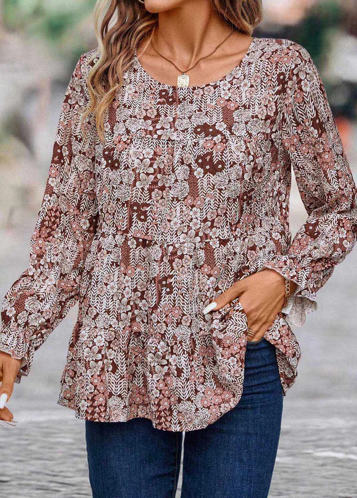 Multi Color Smocked Ditsy Floral Print Long Sleeve Blouse 8 Multi Color Smocked Ditsy Floral Print Long Sleeve Blouse - Image 6