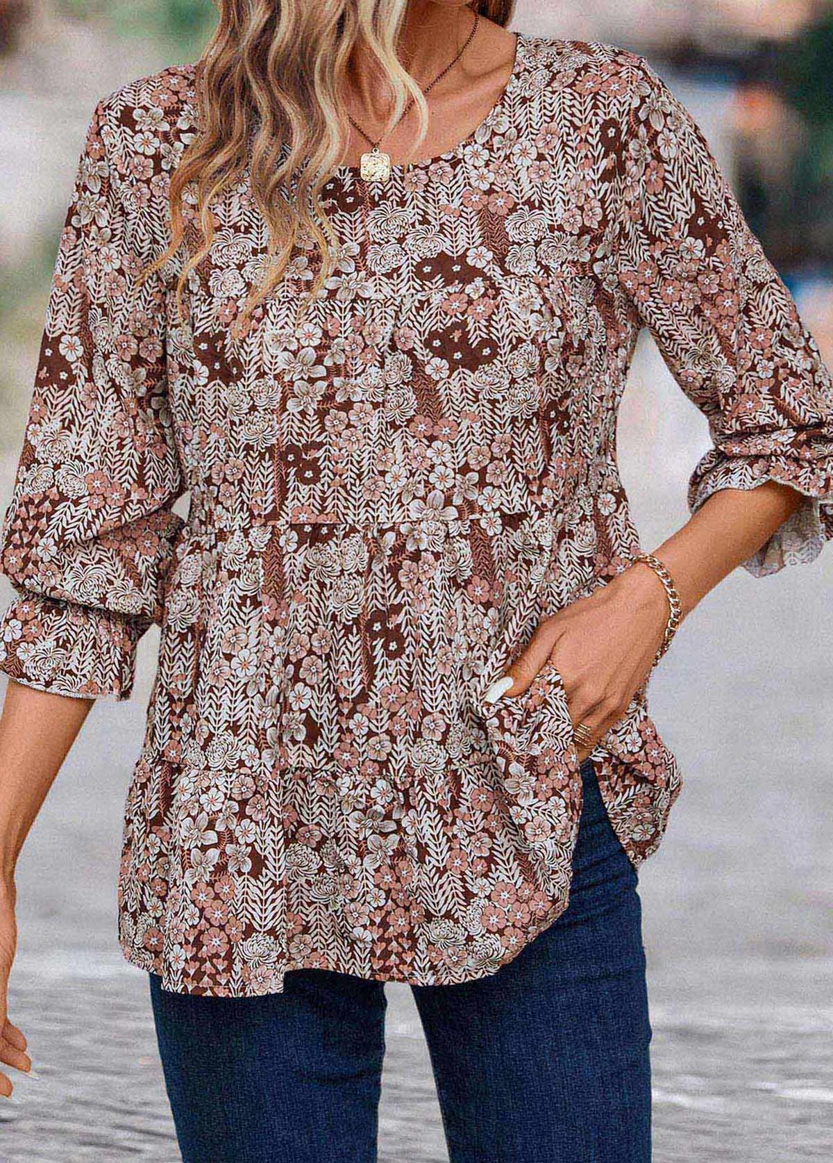 Multi Color Smocked Ditsy Floral Print Long Sleeve Blouse 5 Multi Color Smocked Ditsy Floral Print Long Sleeve Blouse - Image 3