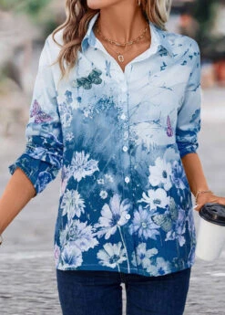 Blue Button Floral Print Long Sleeve Blouse -UrbanLayer Store 338263 P 16908680752382
