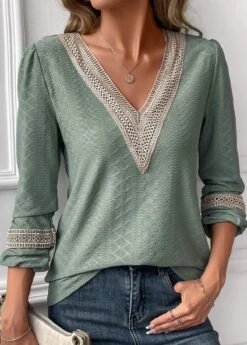 Sage Green Jacquard Long Sleeve V Neck Blouse -UrbanLayer Store 338297 P 16911474631294