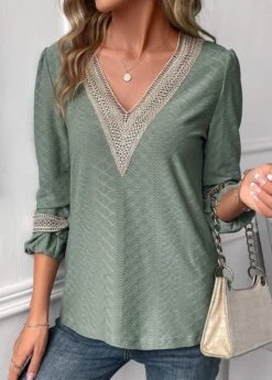 Sage Green Jacquard Long Sleeve V Neck Blouse -UrbanLayer Store 338297 P 16911474631872
