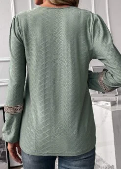 Sage Green Jacquard Long Sleeve V Neck Blouse -UrbanLayer Store 338297 P 16911474633001