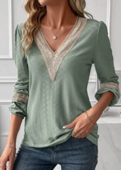 Sage Green Jacquard Long Sleeve V Neck Blouse -UrbanLayer Store 338297 P 16911474633293