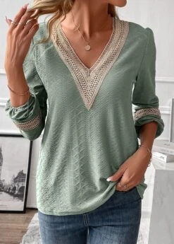 Sage Green Jacquard Long Sleeve V Neck Blouse -UrbanLayer Store 338297 P 16911474634150
