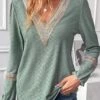 Sage Green Jacquard Long Sleeve V Neck Blouse -UrbanLayer Store 338297 P 16911474639335