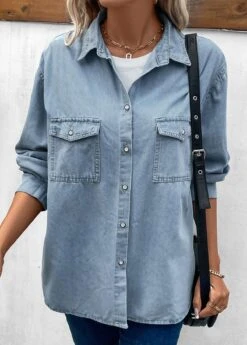 Dusty Blue Pocket Long Sleeve Shirt Collar Blouse -UrbanLayer Store 338301 P 16908680214222