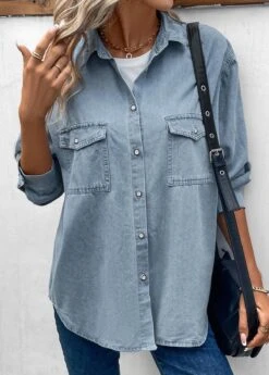 Dusty Blue Pocket Long Sleeve Shirt Collar Blouse