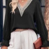 Black Patchwork Long Sleeve V Neck Blouse