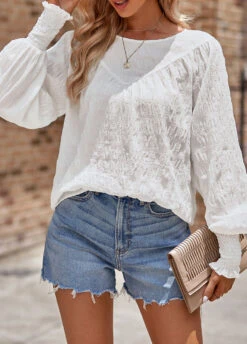 White Smocked Long Sleeve Round Neck Blouse -UrbanLayer Store 338347 P 1689311288412