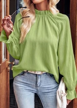 Avocado Green Ruched Long Sleeve Stand Collar Blouse