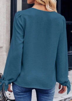 Peacock Blue Bowknot Long Sleeve V Neck Blouse -UrbanLayer Store 338532 P 1689751320355
