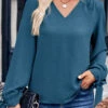 Peacock Blue Bowknot Long Sleeve V Neck Blouse -UrbanLayer Store 338532 P 1689751320542