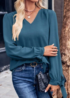 Peacock Blue Bowknot Long Sleeve V Neck Blouse -UrbanLayer Store 338532 P 1689751321497