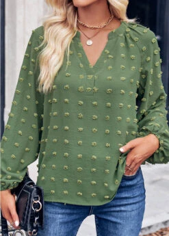 Ruched Green Split Long Sleeve Blouse