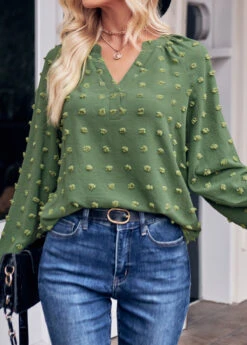 Ruched Green Split Long Sleeve Blouse -UrbanLayer Store 338533 P 1689751667231