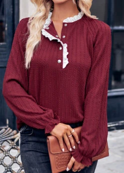 Wine Red Patchwork Long Sleeve Stand Collar Blouse