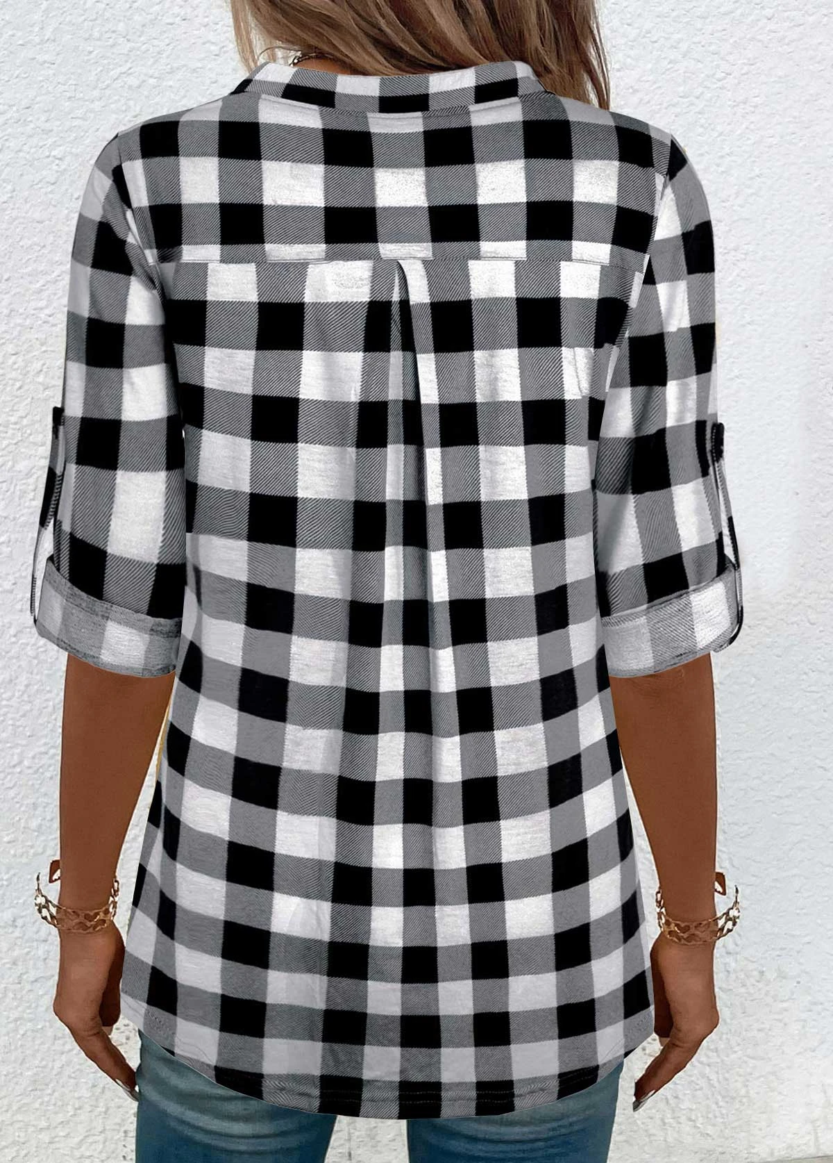 Black Button Plaid Three Quarter Length Sleeve Blouse 4 Black Button Plaid Three Quarter Length Sleeve Blouse - Image 2