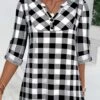 Black Button Plaid Three Quarter Length Sleeve Blouse -UrbanLayer Store 338570 P 1689664632288