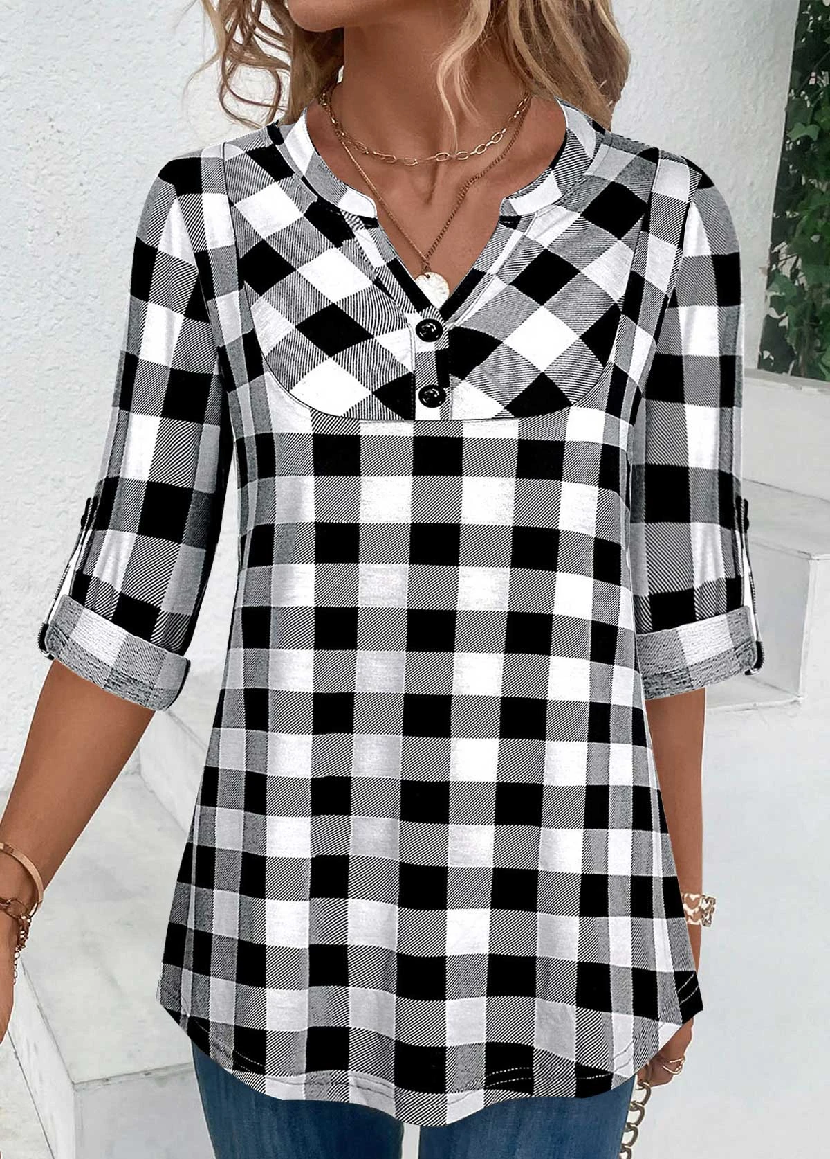 Black Button Plaid Three Quarter Length Sleeve Blouse 3 Black Button Plaid Three Quarter Length Sleeve Blouse