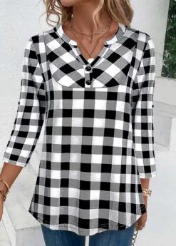 Black Button Plaid Three Quarter Length Sleeve Blouse 7 Black Button Plaid Three Quarter Length Sleeve Blouse -UrbanLayer Store 338570 P 1689664633844