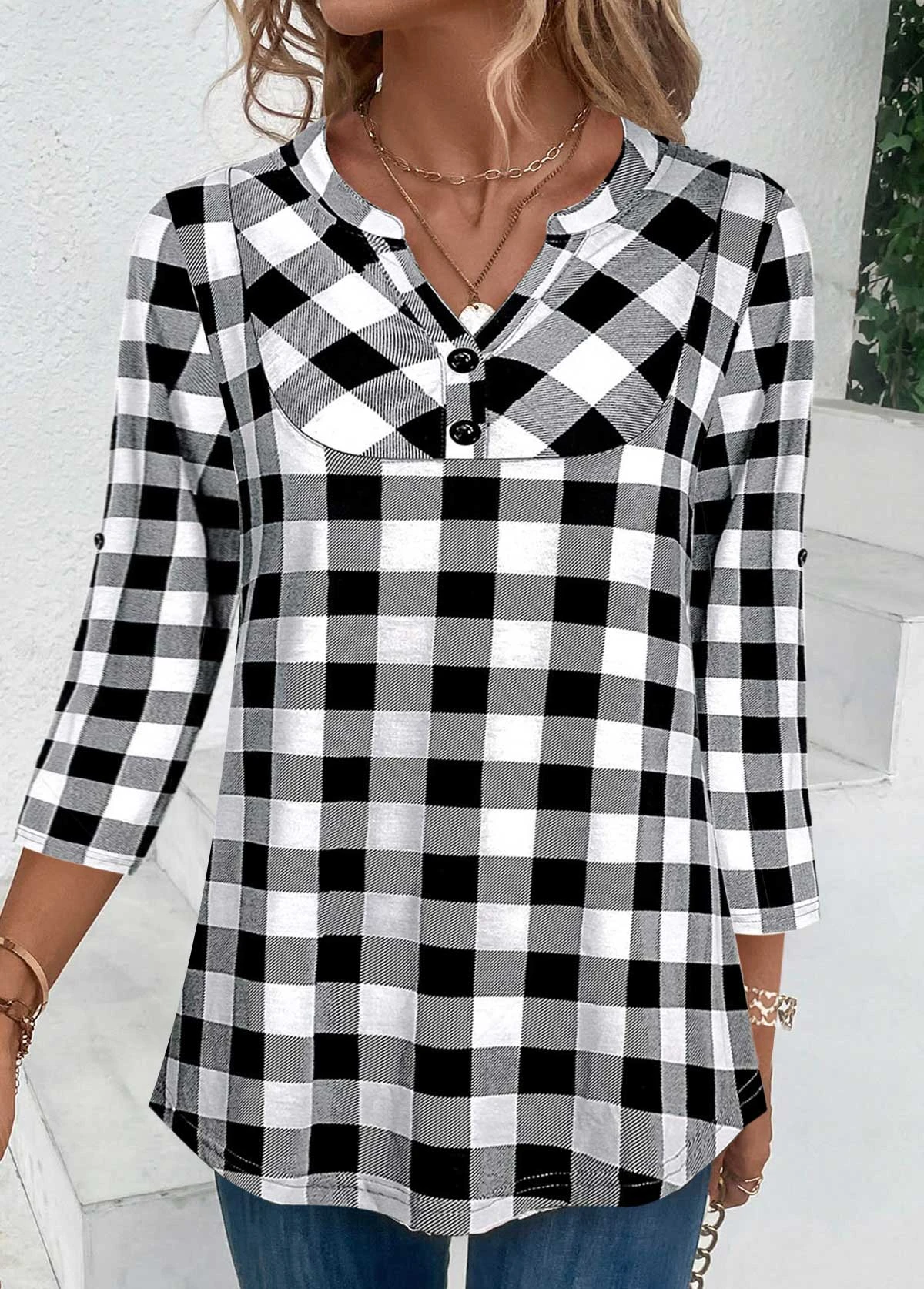 Black Button Plaid Three Quarter Length Sleeve Blouse 5 Black Button Plaid Three Quarter Length Sleeve Blouse - Image 3