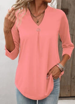 Split Neck Pink Circular Ring T Shirt