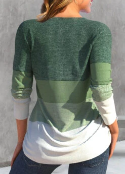 Sage Green Zipper Striped Long Sleeve T Shirt -UrbanLayer Store 338904 P 1694056265191
