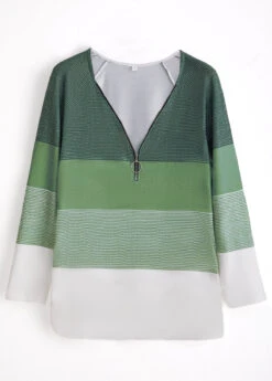 Sage Green Zipper Striped Long Sleeve T Shirt -UrbanLayer Store 338904 P 1694056266517