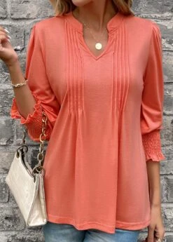 Coral Smocked Long Sleeve Split Neck T Shirt