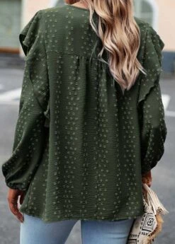 Olive Green Ruffle Long Sleeve Round Neck Blouse -UrbanLayer Store 339295 P 1690522696356