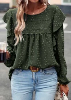 Olive Green Ruffle Long Sleeve Round Neck Blouse -UrbanLayer Store 339295 P 1690522696689