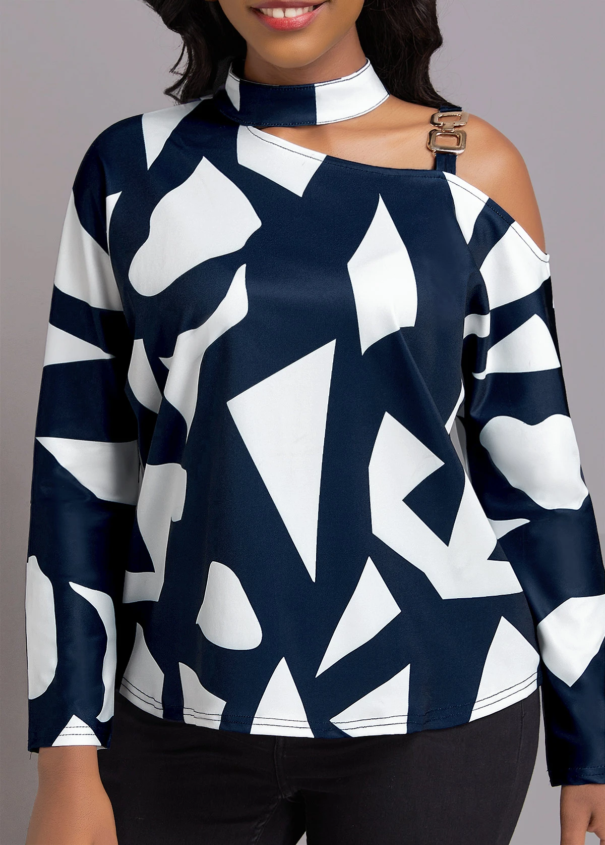 Navy Chain Geometric Print Long Sleeve Blouse 6 Navy Chain Geometric Print Long Sleeve Blouse - Image 4