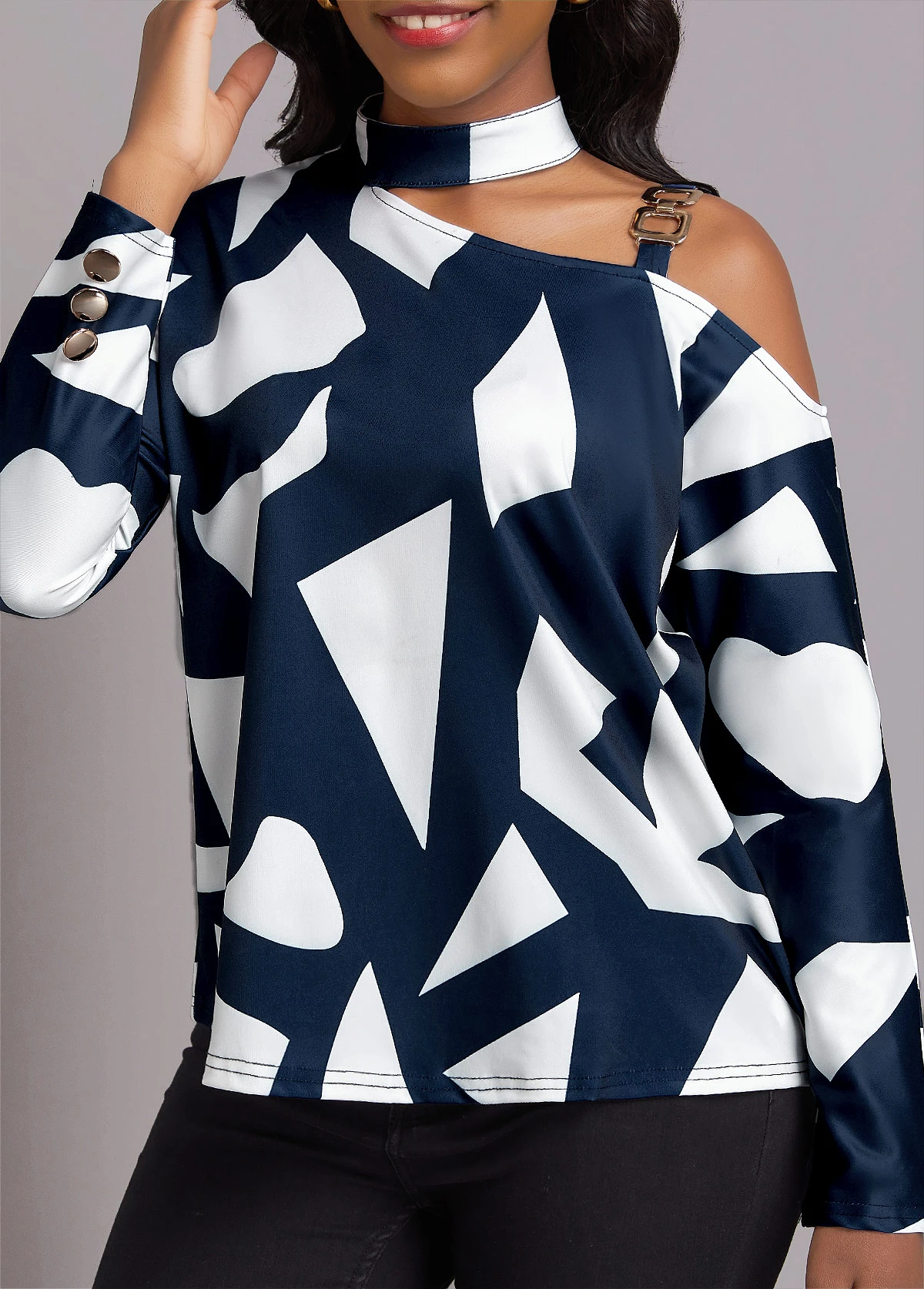 Navy Chain Geometric Print Long Sleeve Blouse 3 Navy Chain Geometric Print Long Sleeve Blouse