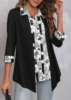Black Fake 2in1 Floral Print Blouse