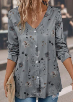 Grey Button Floral Print Long Sleeve Blouse 10 Grey Button Floral Print Long Sleeve Blouse -UrbanLayer Store 339583 P 16927993002493