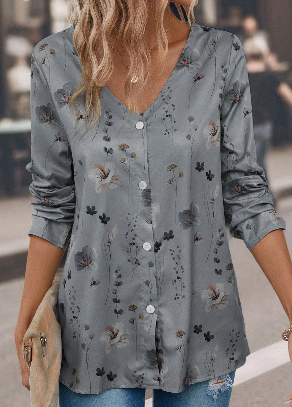 Grey Button Floral Print Long Sleeve Blouse 6 Grey Button Floral Print Long Sleeve Blouse - Image 4