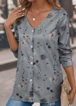 Grey Button Floral Print Long Sleeve Blouse 9 Grey Button Floral Print Long Sleeve Blouse -UrbanLayer Store 339583 P 16927993003822