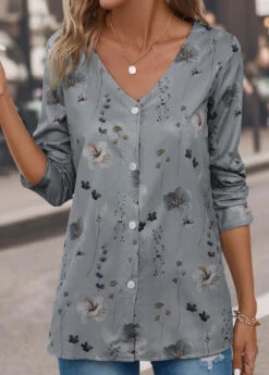 Grey Button Floral Print Long Sleeve Blouse 11 Grey Button Floral Print Long Sleeve Blouse -UrbanLayer Store 339583 P 16927993005624