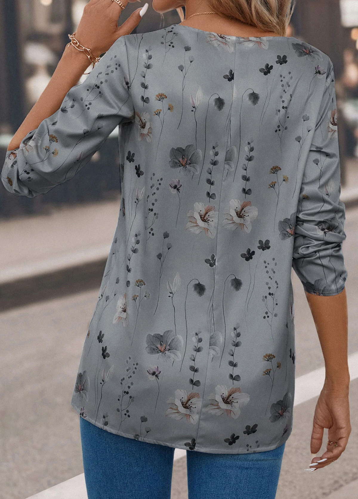 Grey Button Floral Print Long Sleeve Blouse 4 Grey Button Floral Print Long Sleeve Blouse - Image 2