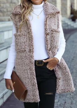 Light Camel Pocket Sleeveless Turn Down Collar Waistcoat