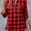 Red Zipper Plaid Long Sleeve High Neck Blouse -UrbanLayer Store 340543 P 16929591928620