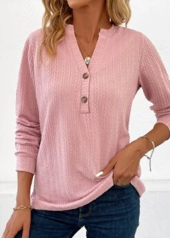 Pink Button Long Sleeve Split Neck Blouse 11 Pink Button Long Sleeve Split Neck Blouse -UrbanLayer Store 340632 P 16988393733244
