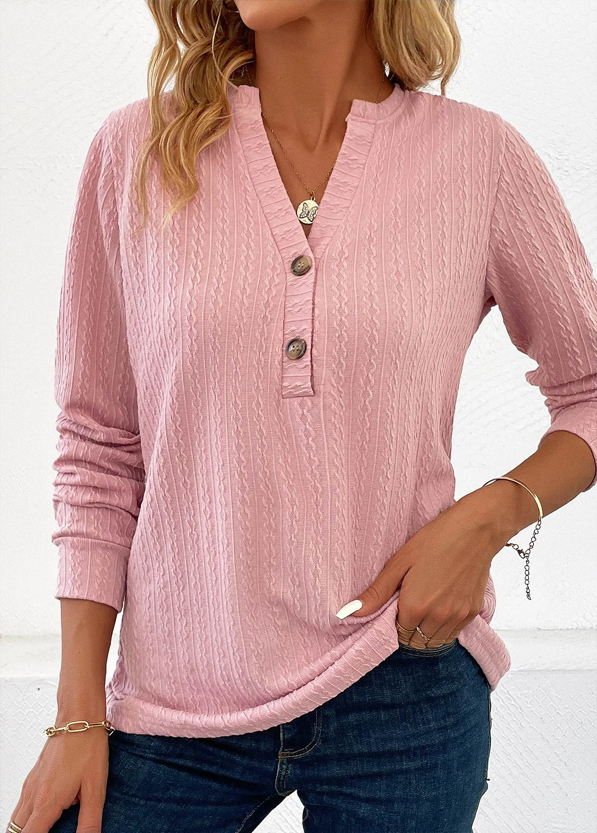 Pink Button Long Sleeve Split Neck Blouse 7 Pink Button Long Sleeve Split Neck Blouse - Image 5