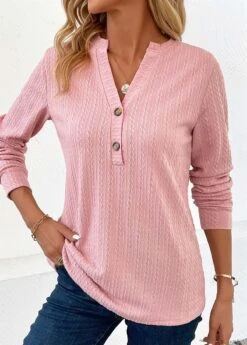 Pink Button Long Sleeve Split Neck Blouse 10 Pink Button Long Sleeve Split Neck Blouse -UrbanLayer Store 340632 P 16988393734083