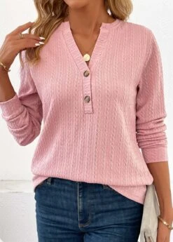 Pink Button Long Sleeve Split Neck Blouse 9 Pink Button Long Sleeve Split Neck Blouse -UrbanLayer Store 340632 P 16988393735062
