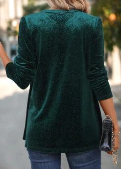 Blackish Green Velvet Long Sleeve Split Neck Blouse 11 Blackish Green Velvet Long Sleeve Split Neck Blouse -UrbanLayer Store 340678 P 16989206861671
