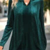 Blackish Green Velvet Long Sleeve Split Neck Blouse -UrbanLayer Store 340678 P 16989206864982