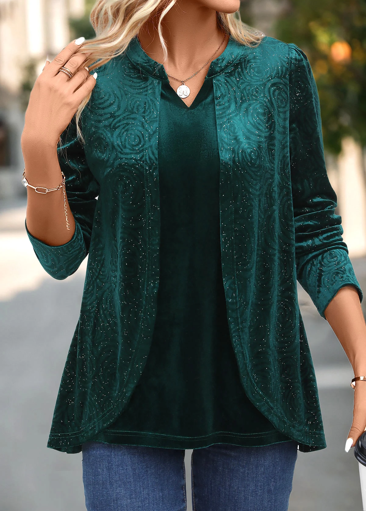 Blackish Green Velvet Long Sleeve Split Neck Blouse 8 Blackish Green Velvet Long Sleeve Split Neck Blouse - Image 6