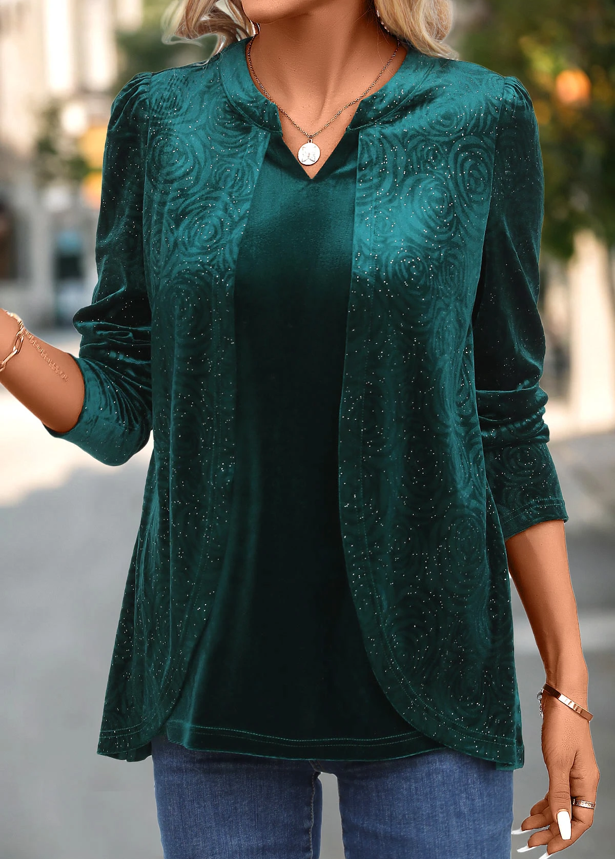 Blackish Green Velvet Long Sleeve Split Neck Blouse 6 Blackish Green Velvet Long Sleeve Split Neck Blouse - Image 4