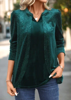 Blackish Green Velvet Long Sleeve Split Neck Blouse 14 Blackish Green Velvet Long Sleeve Split Neck Blouse -UrbanLayer Store 340678 P 16989206869104